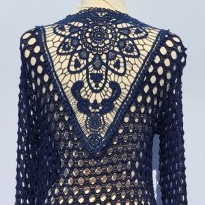 Women's Crochet Navy Blue Open Weave Lightweight Cardigan Sweater